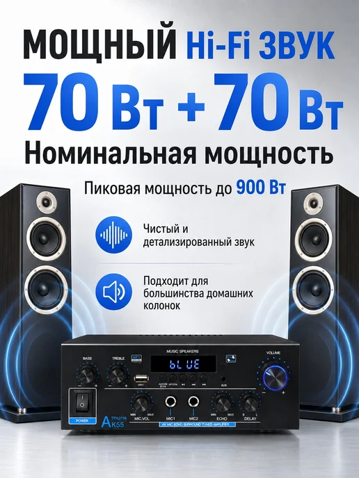 Woopker AK55 Усилитель звука с блютуз, для дома и авто,70Вт + 70Вт, 70 Вт, 70 Вт, фото 4