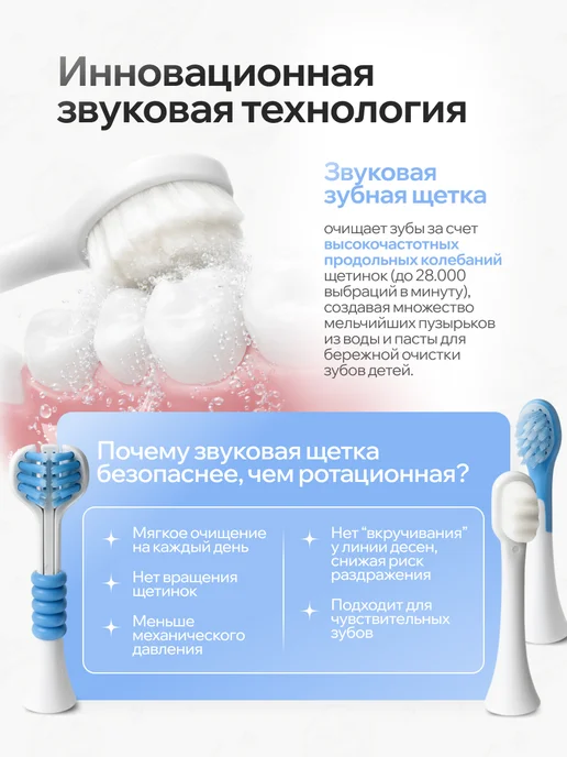 BubblyBrush Электрическая звуковая зубная щетка детская, белый, фото 2