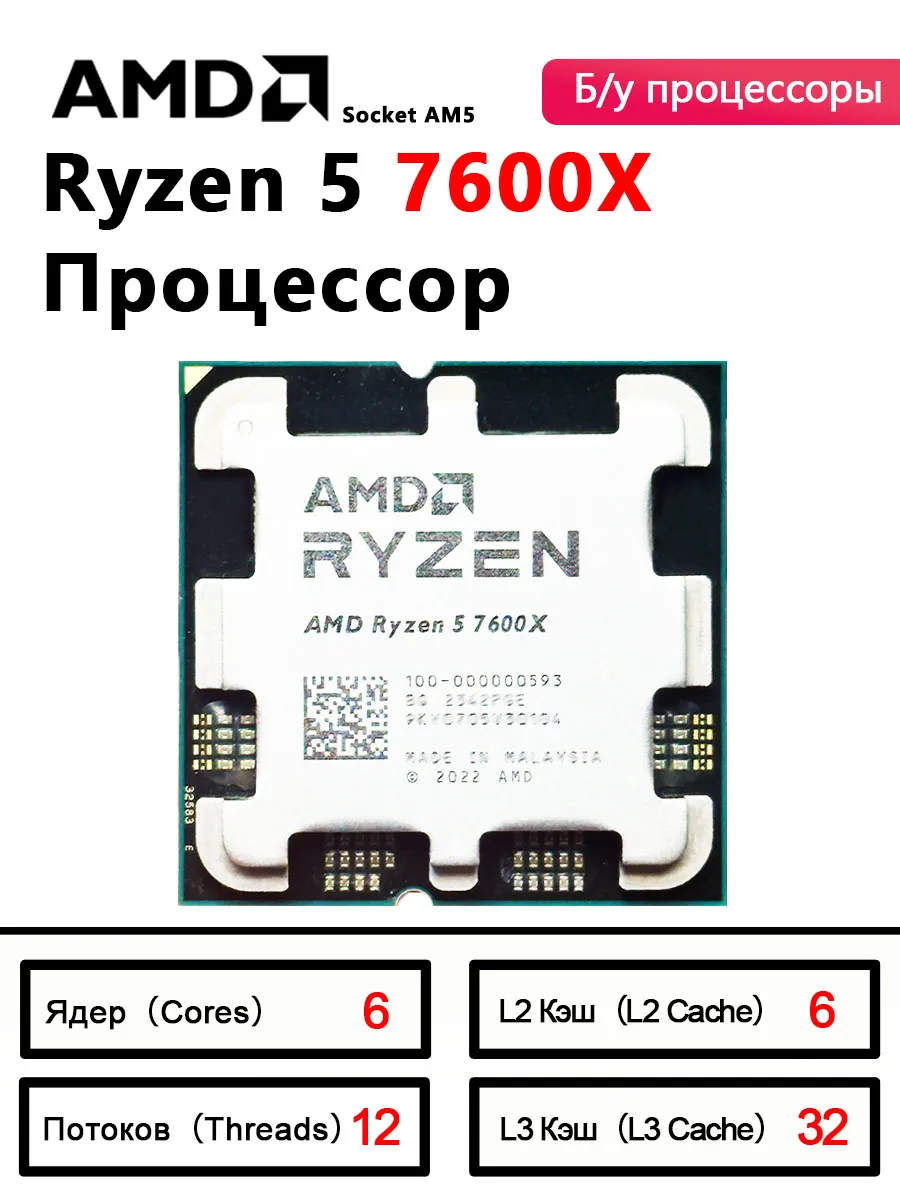 AMD Ryzen 5 7600X 4.7GHz Used 6-Core L3=32M R5 7600X CPU Process…