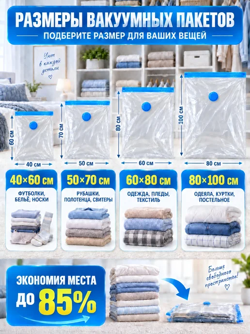 Вакуумные пакеты для одежды и вещей, 5 штук, 80×100 см, 40x60 см, фото 4