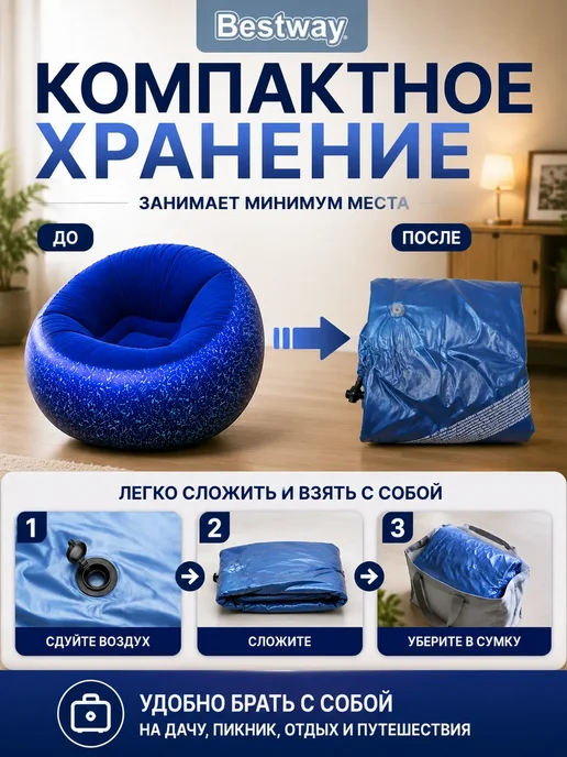 Мани надувное кресло для дома,отдыха и дачи мягкое, синий, фото 4