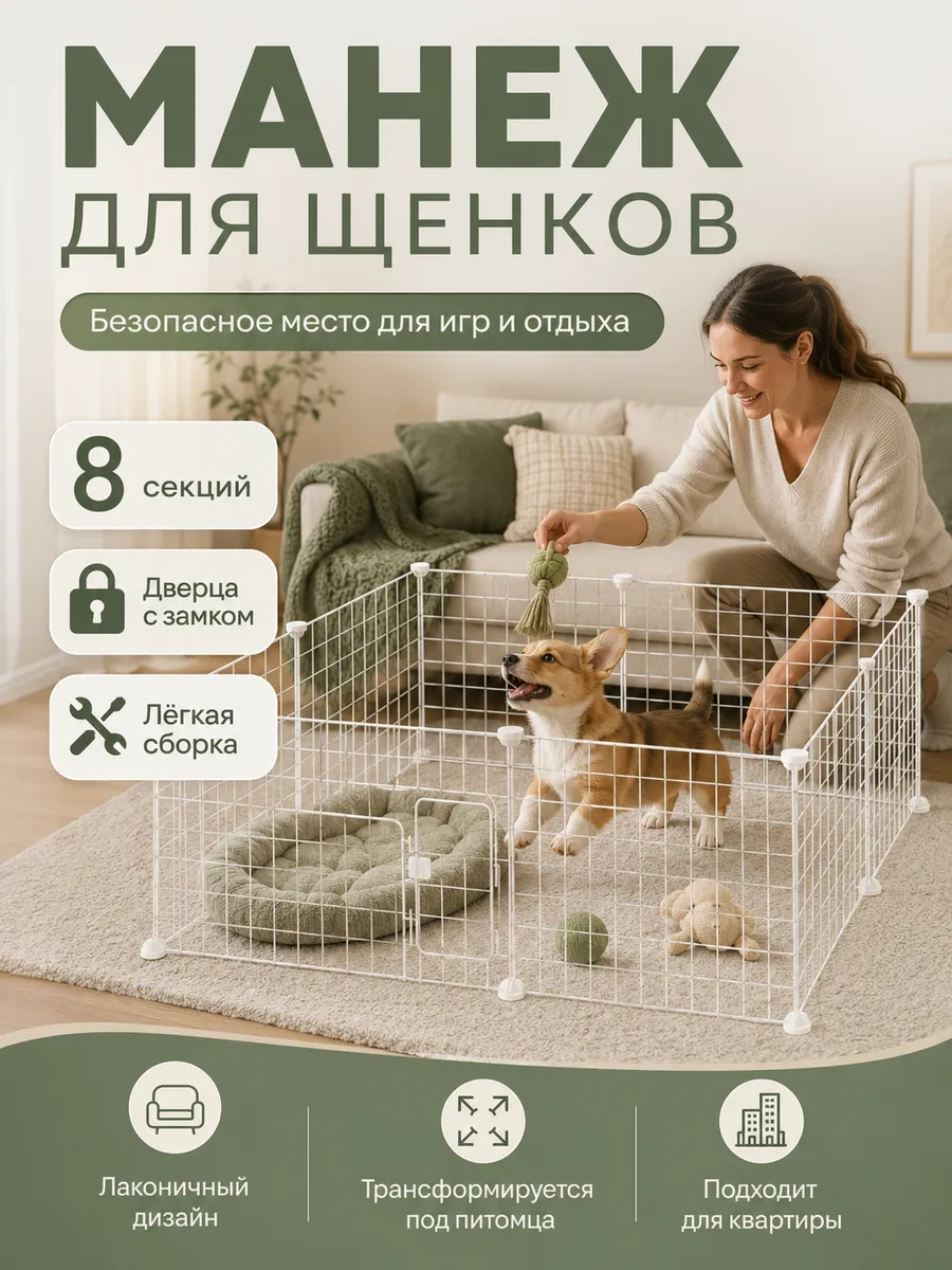 Клетка вольер для кошек и собак белая 8 секций с дверцей