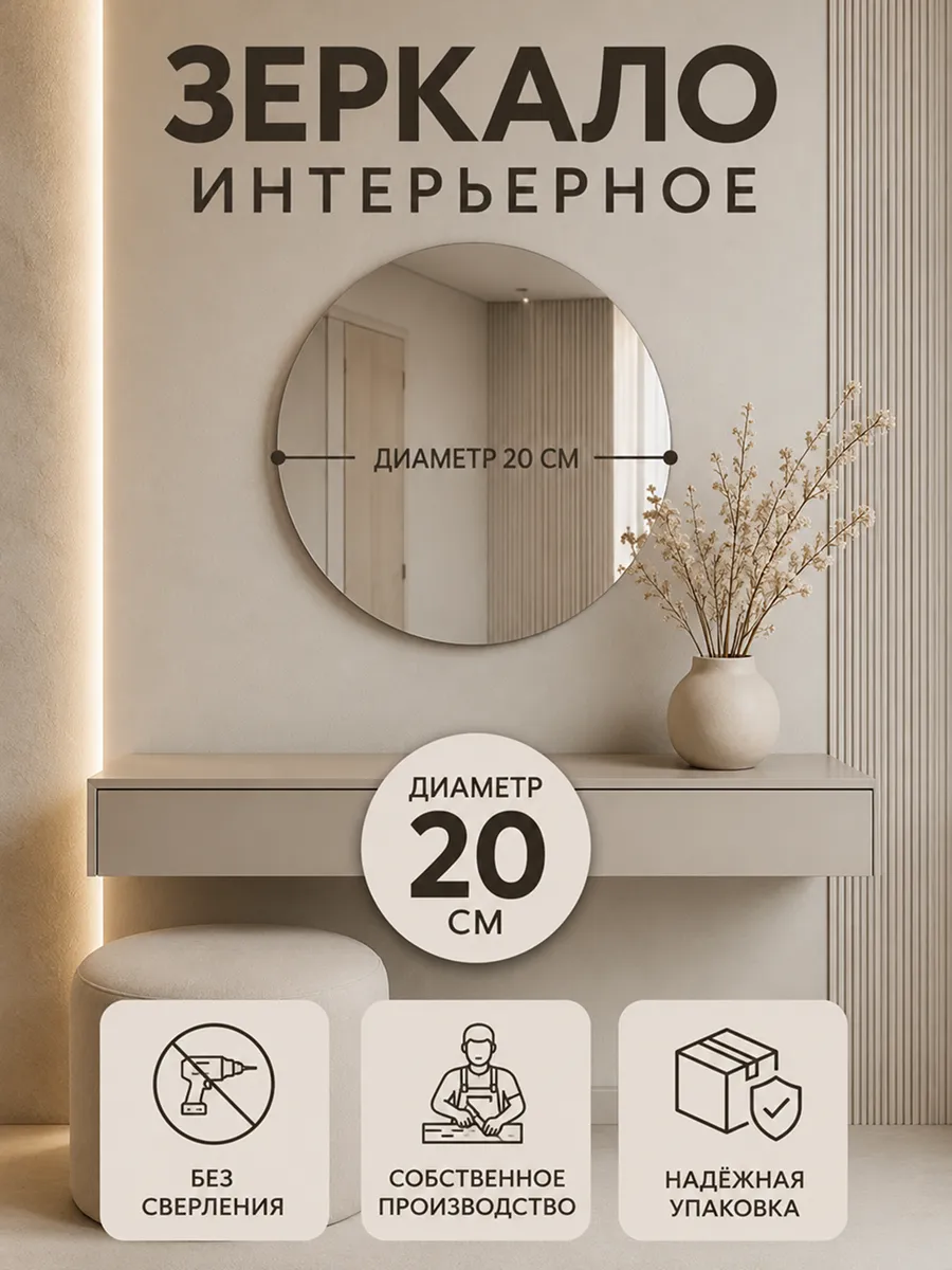 Зеркало круглое настенное самоклеящееся 20х20 см