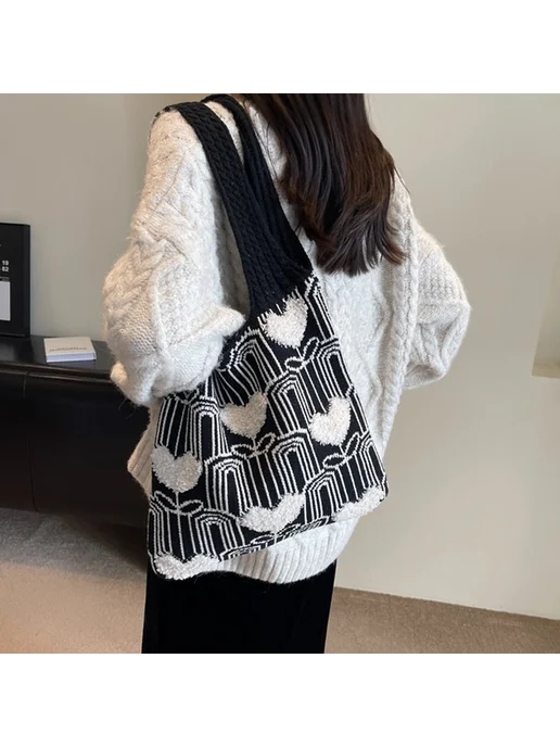 Женская сумка через плечо crochet с узором сердечко (Black), черный, фото 3
