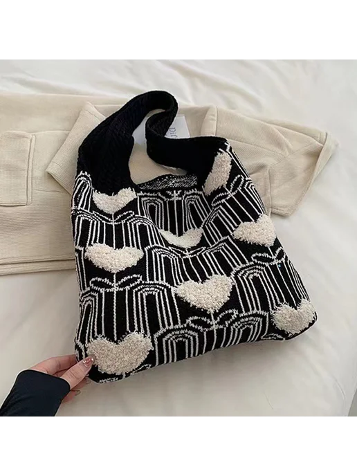 Женская сумка через плечо crochet с узором сердечко (Black), черный, фото 4