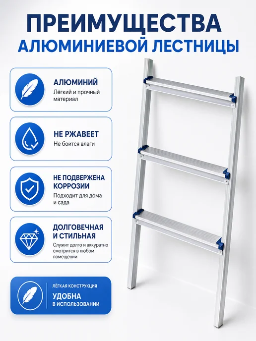 Лестница алюминиевая разборная 3 ступени 90 см, серый, в упаковке 2 кг, фото 2