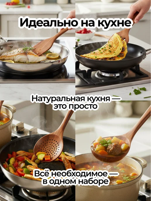Набор кухонных принадлежностей лопатки, половник, шумовка, коричневый, фото 2