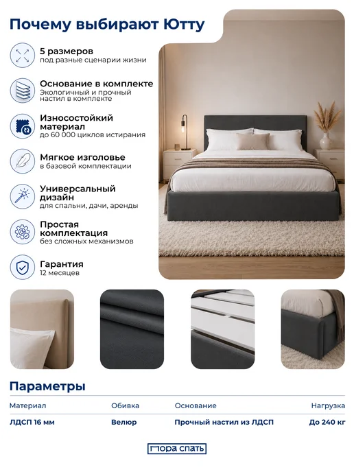Пора Спать Кровать 120х200 двуспальная Ютта, серая, 180x200, фото 7