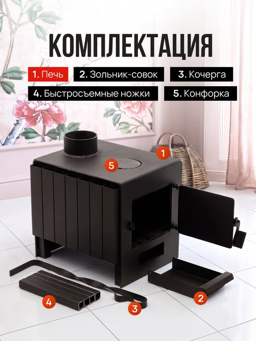 Печь буржуйка отопительная 50М3 с кочергой со стеклом 4 мм, вариант, фото 3