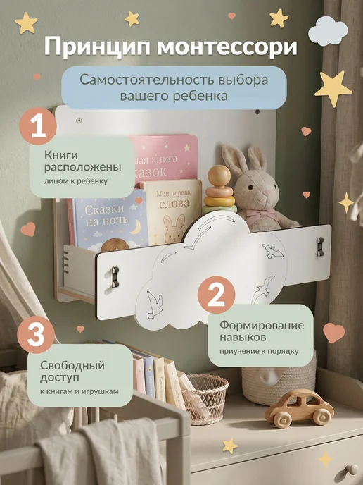 ЛЮКСИОС Настенная полка для книг и игрушек облако птички, белый, фото 3