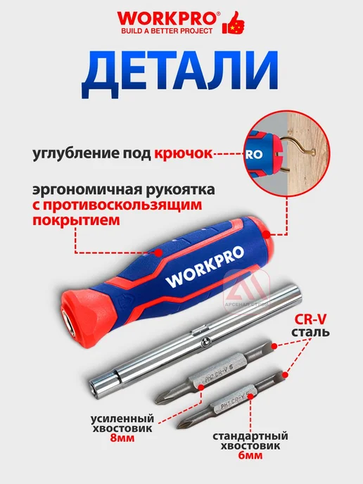 WORKPRO Отвертка универсальная 6 в 1 с насадками WP221046, синий, фото 2