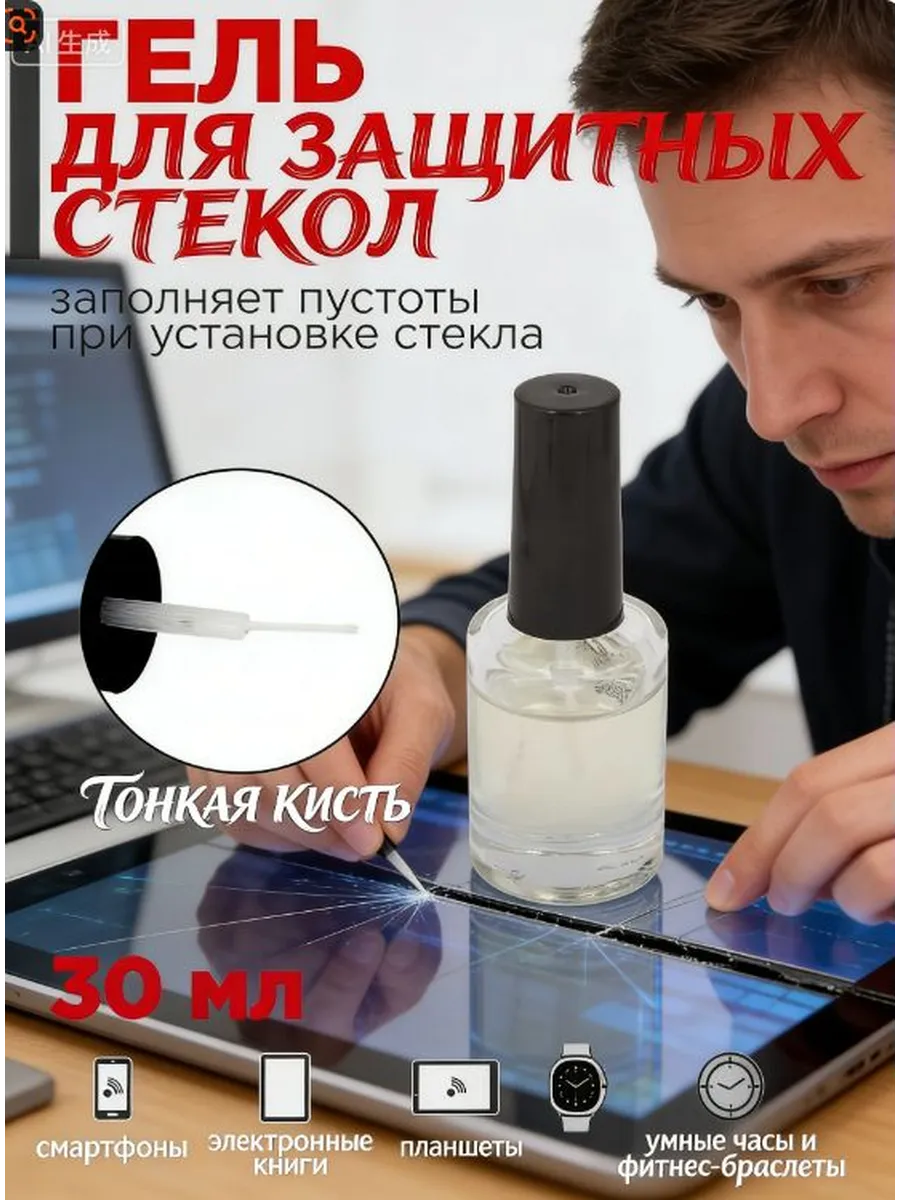 Гель для наклейки защитных стекол с тонкой кистью 30 мл для