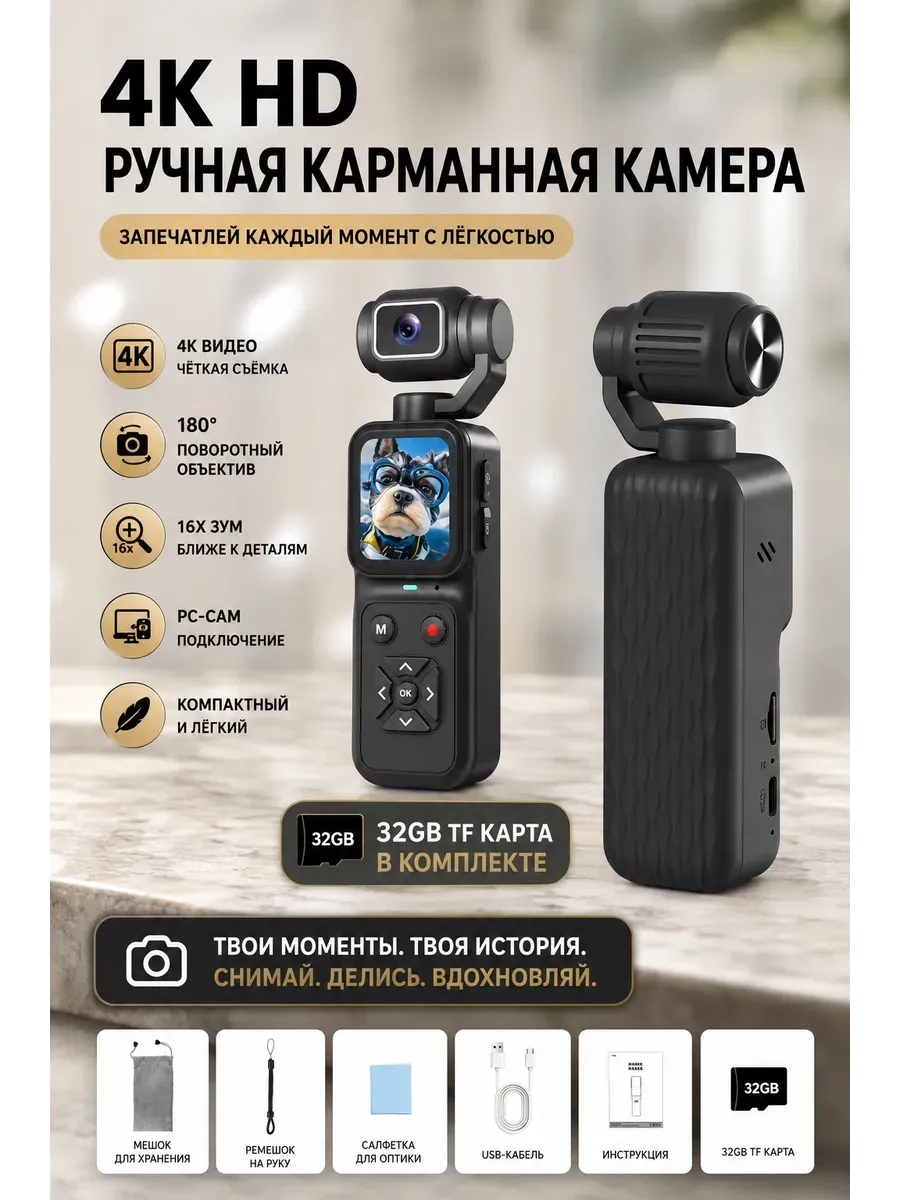4K карманная экшн камера с поворотным объективом 180°