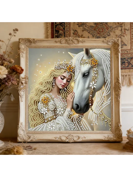 Жемчуг белая лошадь 5D алмазная картина д сделать 30x30см, 30x30 см, фото 4