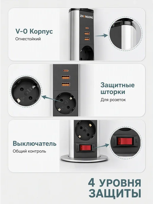 Встраиваемая выдвижная розетка USB-A+C с выключателем, вариант, фото 4
