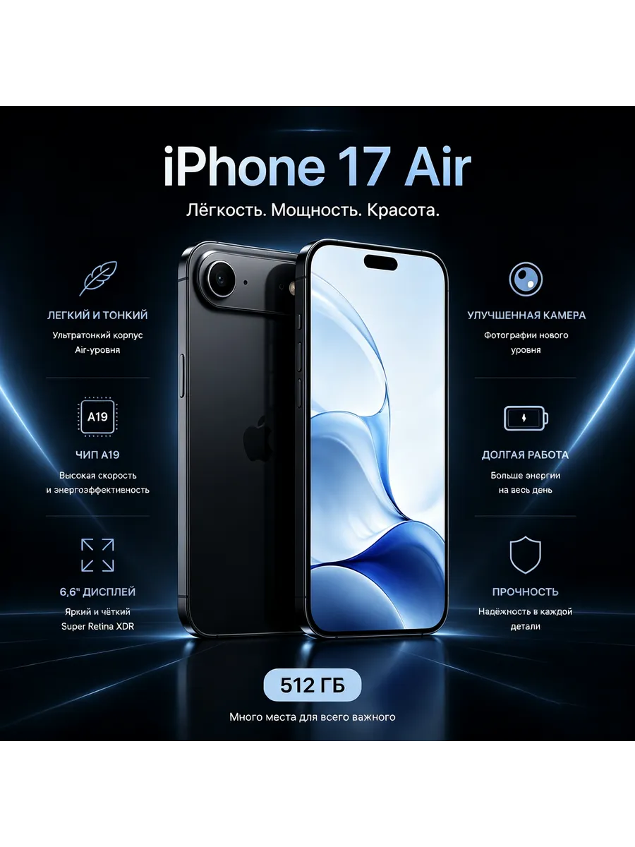 iPhone 17 Air 512 ГБ только eSIM черный Годовая гарантия Apple 1266489561 купить в интернет‑магазине Wildberries
