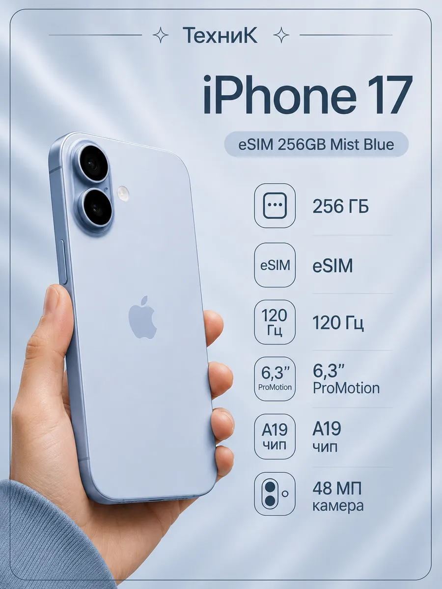 iPhone 17 256GB Mist Blue eSIM Apple 1267247844 купить в интернет‑магазине Wildberries